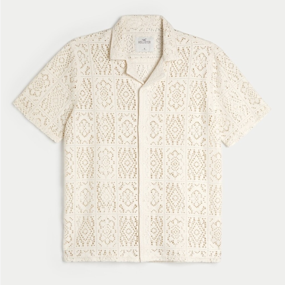 Hollister Ivory Lace Shirt Crochet Button Down Men’s M Coastal Amalfi Resortwear - Picture 3 of 10